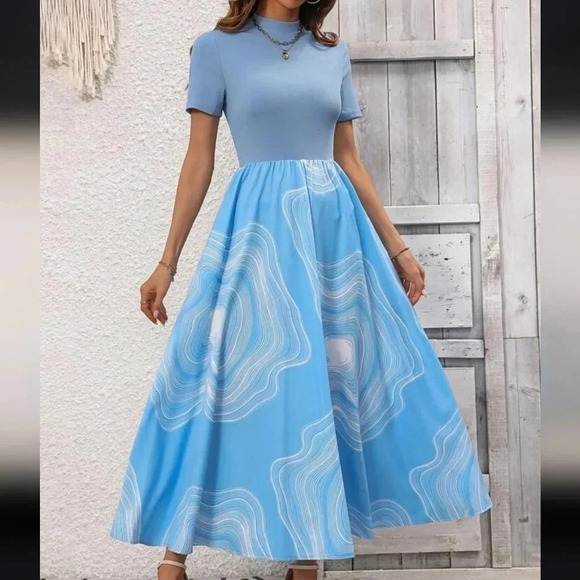 High-Neck Short Sleeve Marble Print Dress - Picture 1 of 5